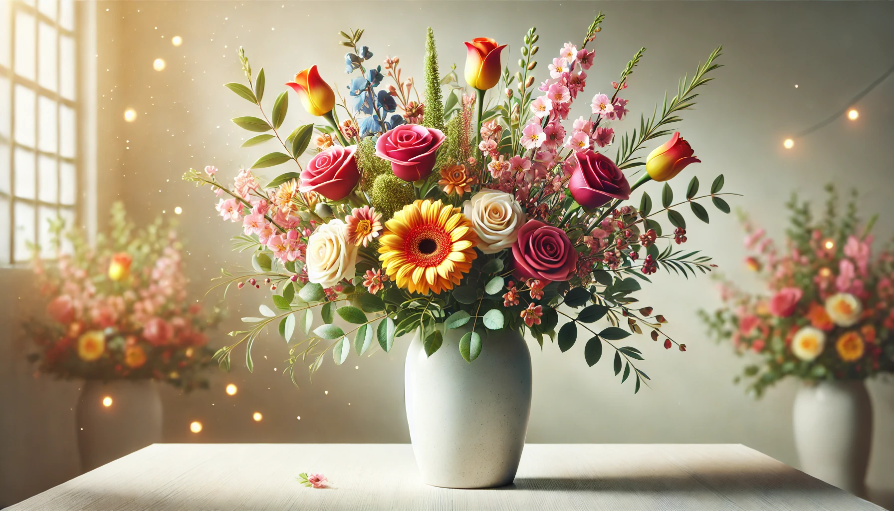 זרי פרחים - A realistic image for a blog post about flower bouquets. The scene shows a colorful, vibrant bouquet featuring roses, tulips, and gerberas, beautifull