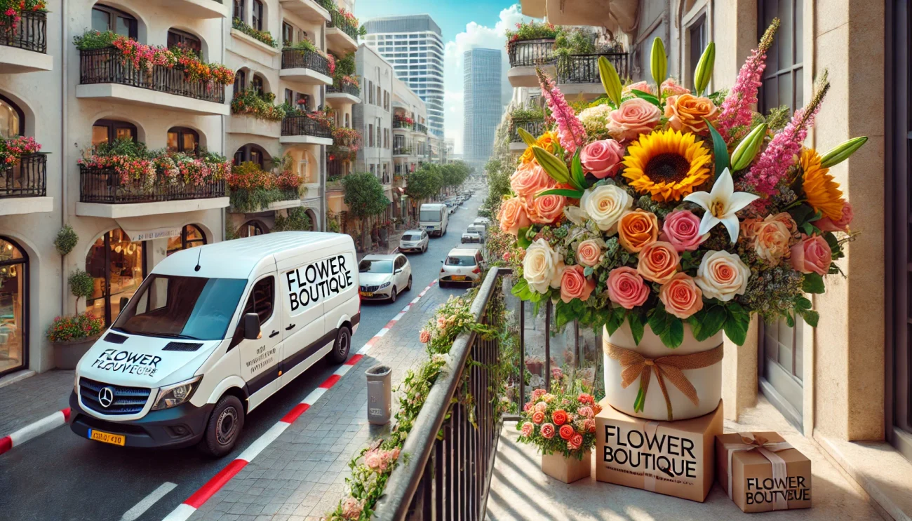 משלוחי פרחים בתל אביב - A realistic image for a blog post about flower delivery in Tel Aviv, Israel. The scene shows a vibrant bouquet of fresh flowers, including roses, sunf