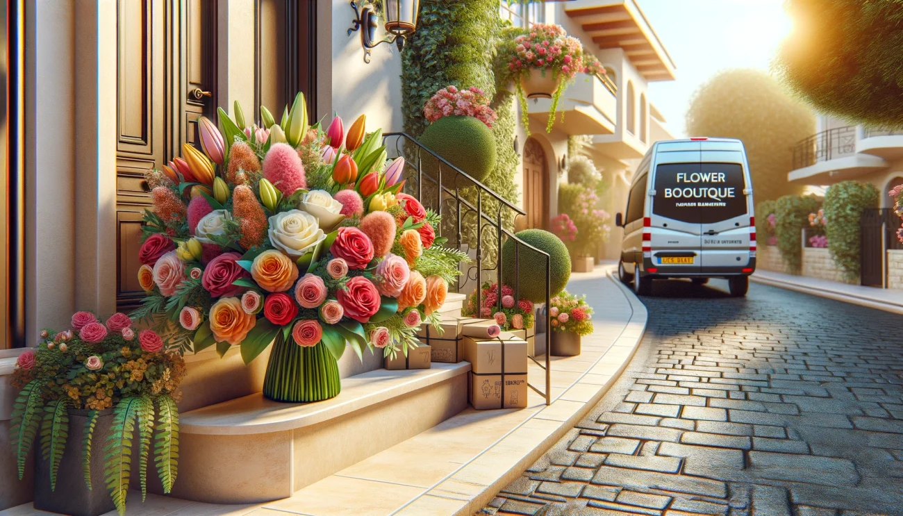 משלוחי פרחים הוד השרון - A realistic image for a blog post about flower delivery in Hod Hasharon, Israel. The scene shows a colorful bouquet of fresh flowers, including rose