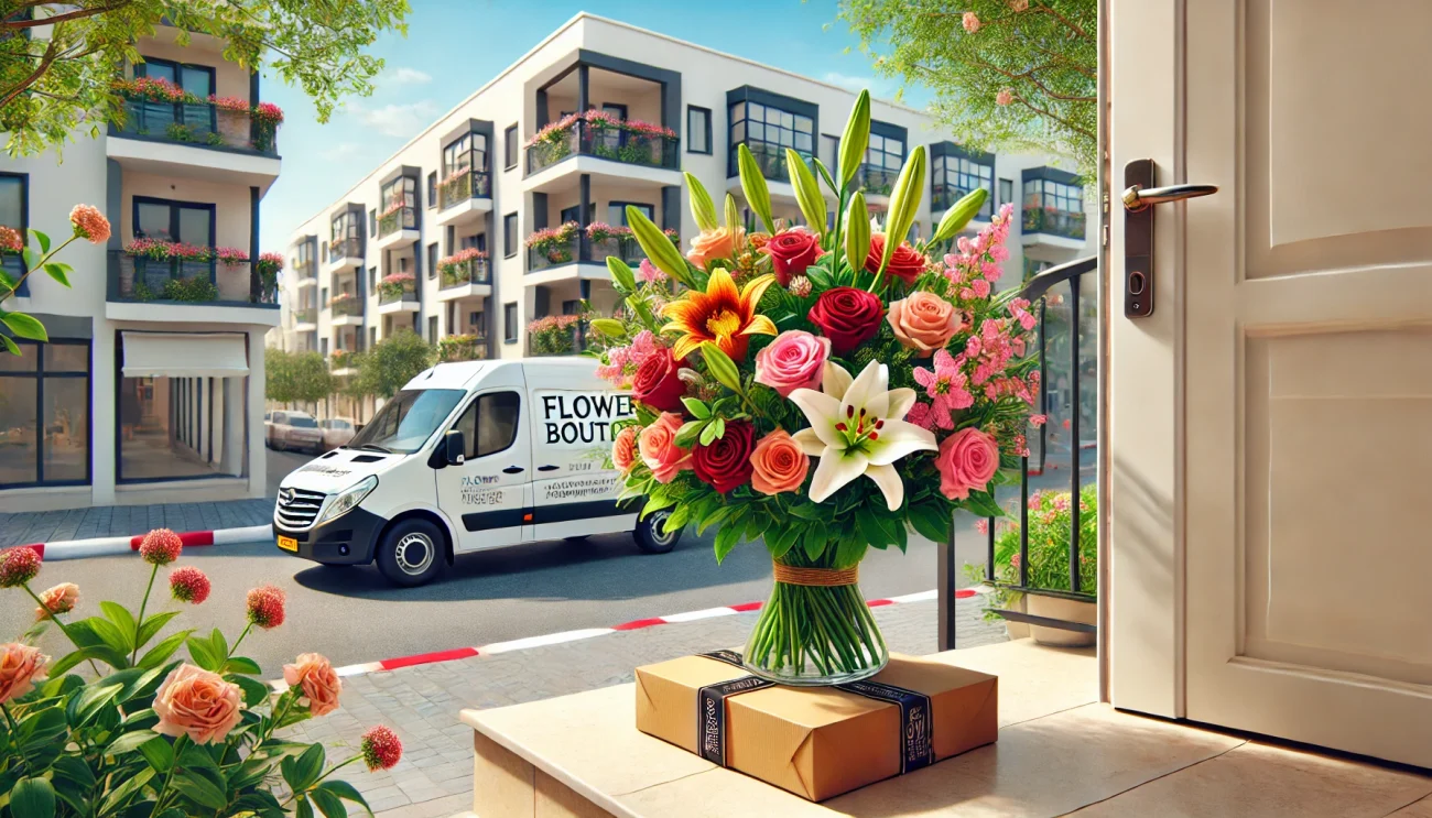 משלוחי פרחים נתניה - A realistic image for a blog post about flower delivery in Netanya, Israel. The scene shows a vibrant bouquet of fresh flowers, including lilies, rose