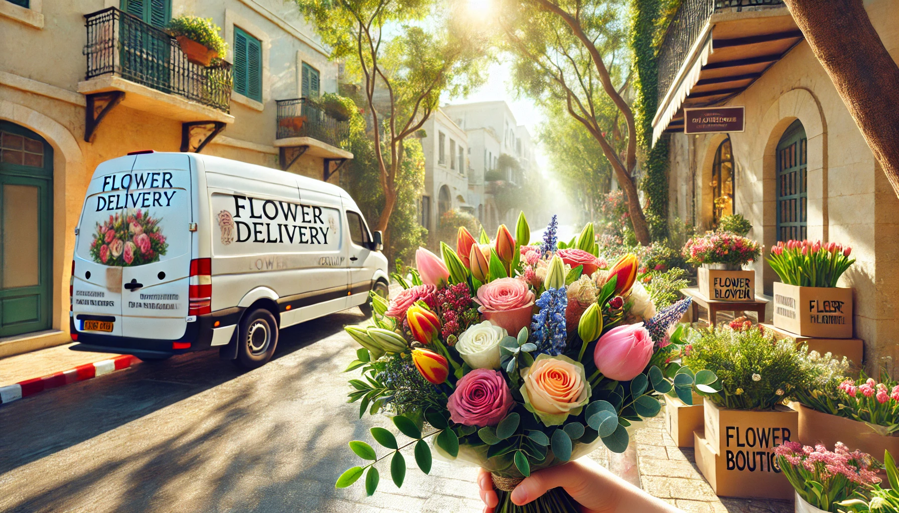 משלוחי פרחים רמת השרון - A realistic image for a blog post about flower delivery in Ramat Hasharon, Israel. The scene shows a beautifully arranged bouquet of fresh seasonal fl