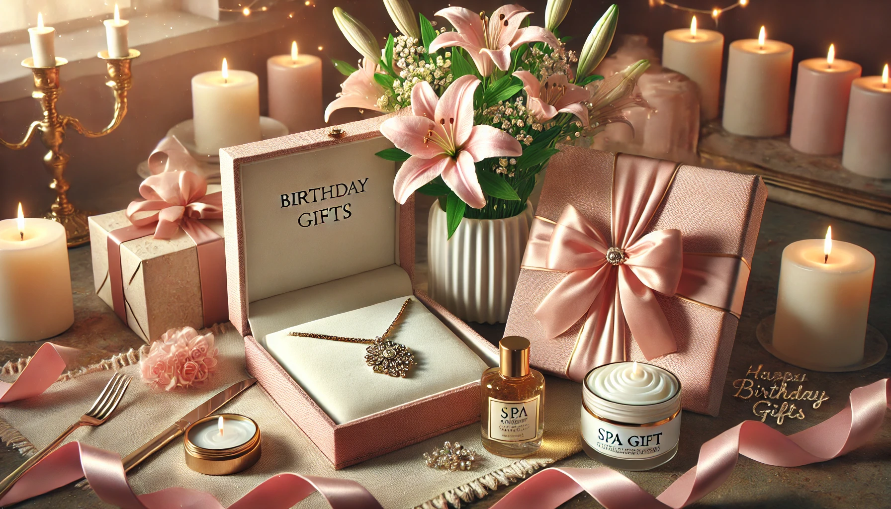 מתנה ליום הולדת לאישה - A realistic image for a blog post about birthday gifts for women. The scene showcases a personalized gift package with a beautiful necklace in a decor